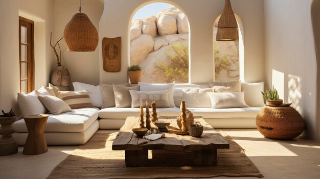 Photo serene bohemian chic living room bathed in warm natural light