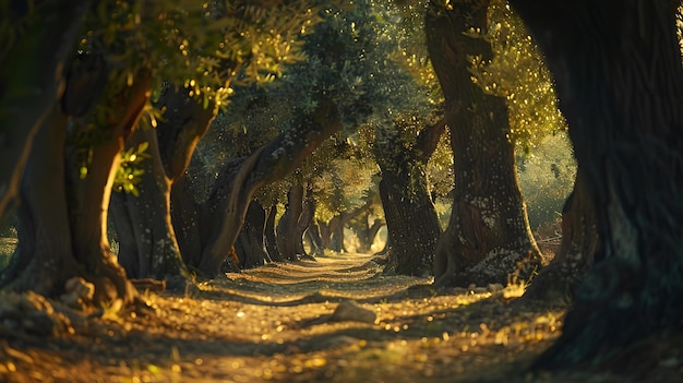 Serene bospad met zonlicht dat door bomen filtert vreedzame en mystieke natuur wandelscene ideaal voor verhalenboek illustratie AI