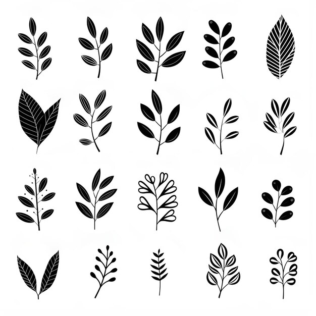 Serene botanical sketches celebrating the grace of black and white plant leafs