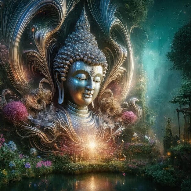 Photo serene buddha amid vibrant blooms mystical lights in natural detailed environment