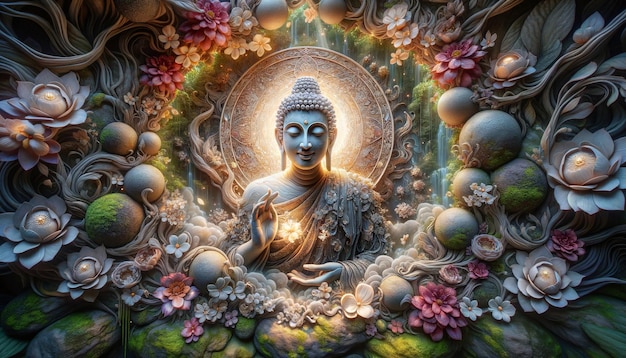 Photo serene buddha amid vibrant blooms mystical lights in natural detailed environment