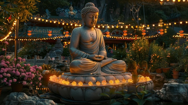 Спокойная статуя Будды, украшенная свечами и окруженная пышным садом и праздничными фонарями в сумерках