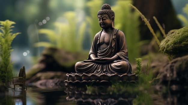 Serene Buddha statue meditating in a tranquil forest setting