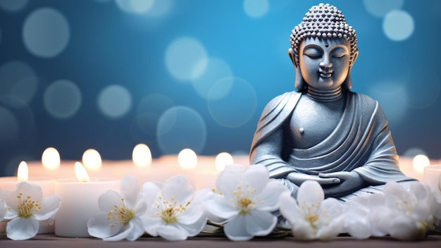 A serene Buddha statue surrounded by candles and blossoms inspires tranquility