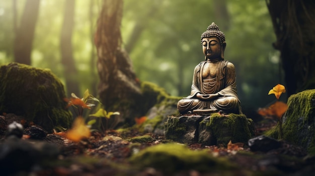 Foto una serena statua di buddha circondata dalla natura in un tranquillo ambiente forestale