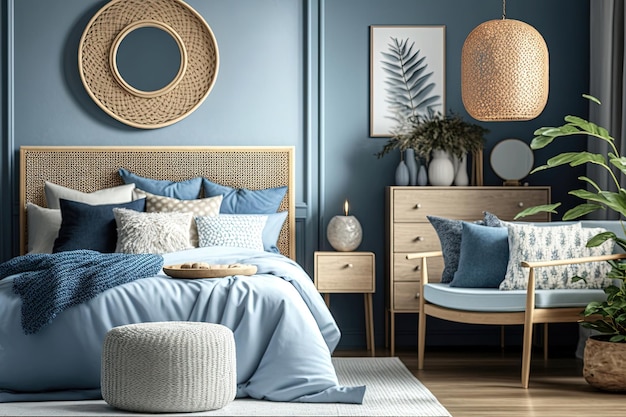 파란색 음영으로 장식된 고요하고 차분한 침실 벽은 밝은 파란색 색조로 칠해져 평화롭고 편안한 분위기를 연출합니다. Generative AI