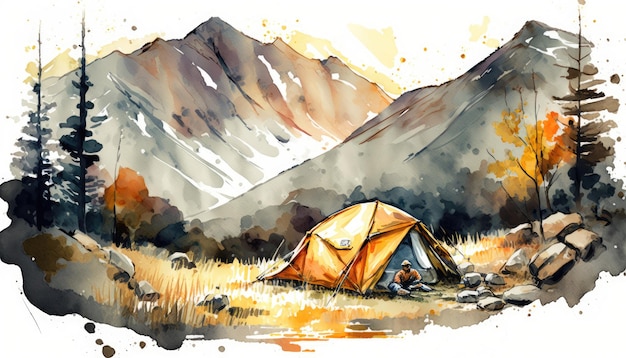 Serene camping trip in the mountains with watercolorlike textures and colors Generative AI