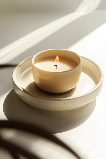 Photo serene candle on a white windowsill basking in soft morning light