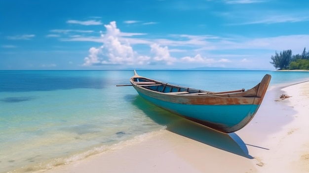 A serene canoe on a tropical sandy beach upclose image of a boat generative ai