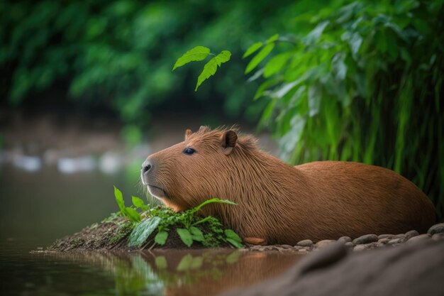 Serene Capibara rustend bij de rivier met weelderige generatieve AI op de achtergrond