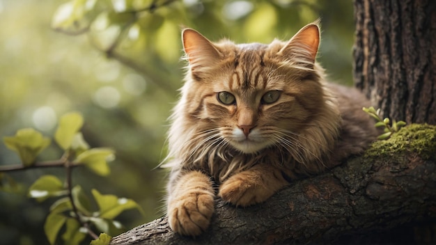 A Serene Cat Lounging on a Tree Branch