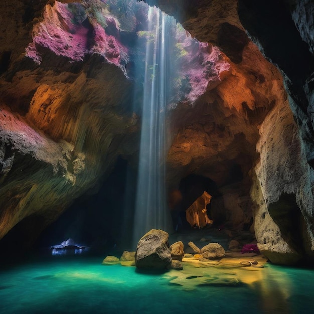 Безмятежная пещера с водопадом в центре, окруженная водой.