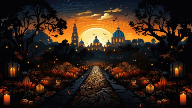 a serene cemetery at night with glowing candlelit graves and marigold petals