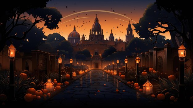 a serene cemetery at night with glowing candlelit graves and marigold petals