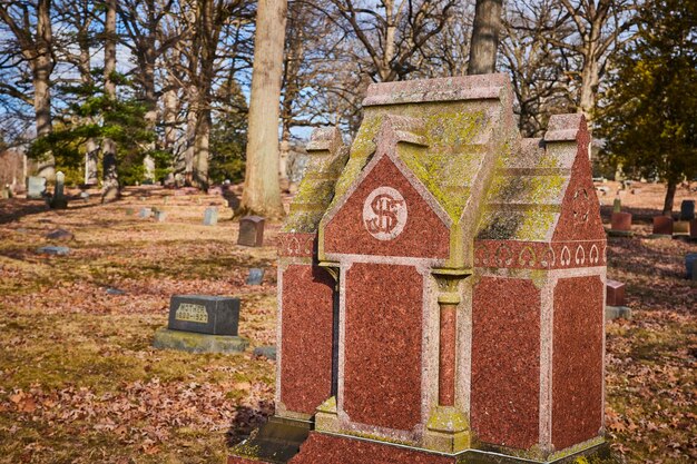 Serene Cemetery Scene with Gothic Tombstone Lindenwood EyeLevel View