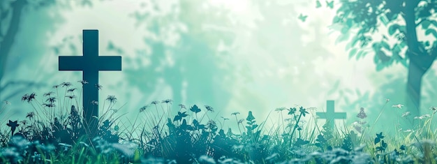 Serene cemetery scene with mist and wildflowers