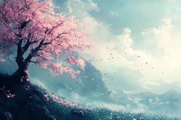 Serene Cherry Blossom Mountain