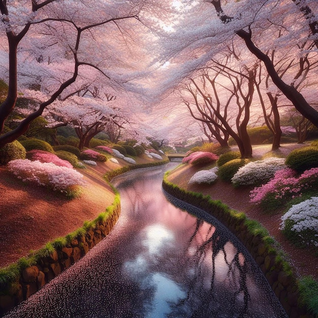 Photo a serene cherry blossom park in full bloom with petals gently falling into a meandering stream