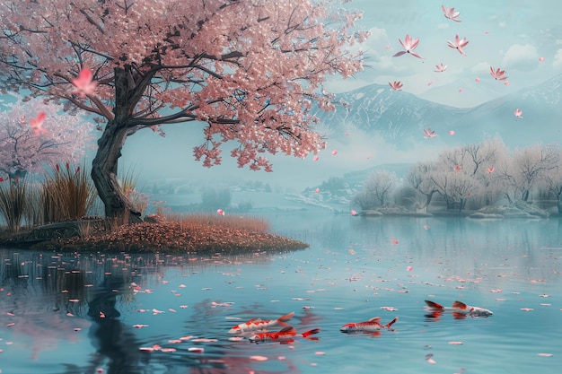 A serene cherry blossom tree stands by a tranquil pond Delicate petals float on the water and koi fish swim beneath