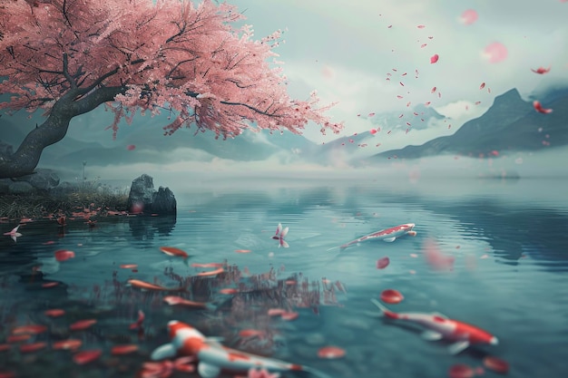 A serene cherry blossom tree stands by a tranquil pond Delicate petals float on the water and koi fish swim beneath