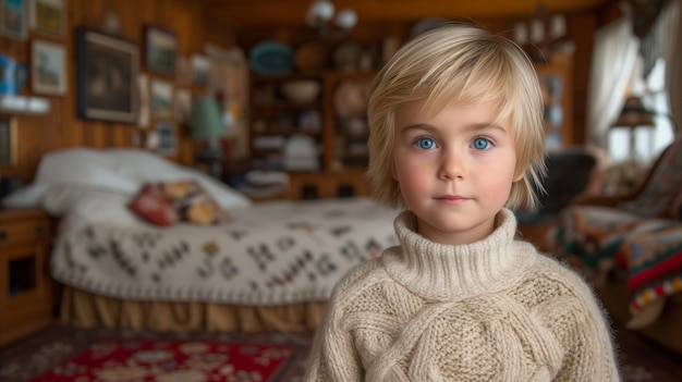 Serene Child With Blue Eyes in Cozy Bedroom