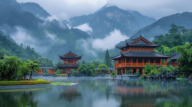 平 な 湖 に 反映 さ れ て いる やかな 中国 の 寺院
