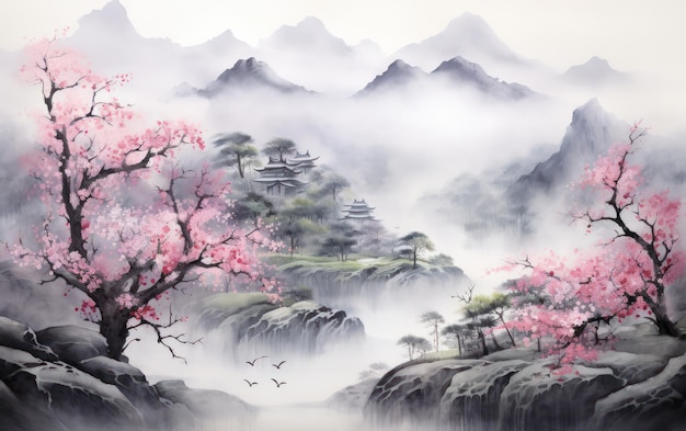 안개가 가득한 산으로 둘러싸인 평온한 중국 계곡 (중국어 그림)