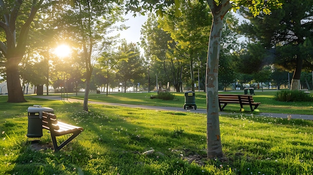 Foto serene city park met milieuvriendelijke afvalverwijdering