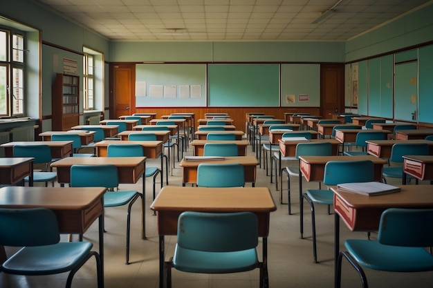 Serene Classroom Empty Student Desks and Chairs Generative Ai