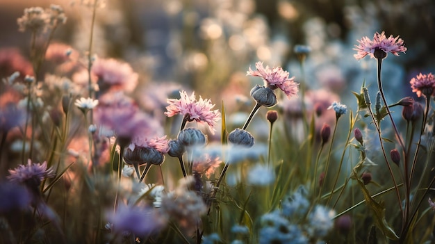 A serene closeup of elegant summer blooms in harmonious pastel colors gently swaying in the breeze