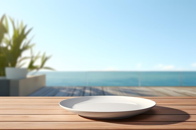 Serene coastal dining white plate on wooden table with ocean view generative ai