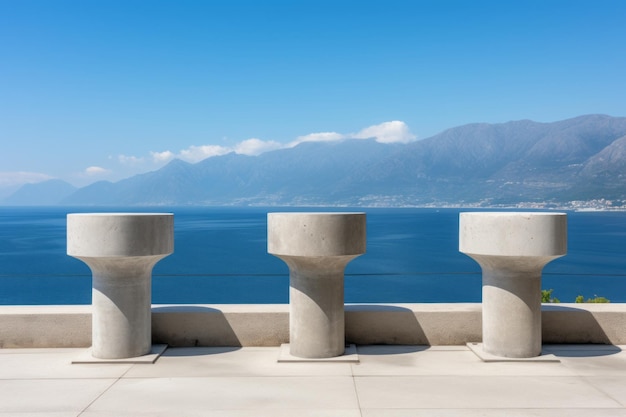 Foto paesaggio costiero sereno impressionante balaustra di cemento grigio incorniciata da montagne e mare ar 32