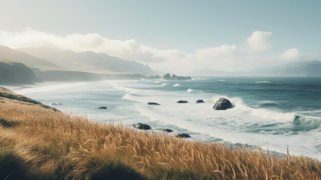 Serene Coastal Landscape With Tall Grasses And Waves