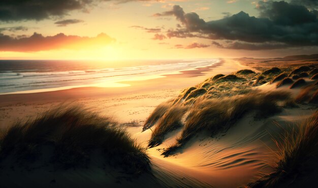 A serene coastal sunset scene featuring rolling sand dunes and the calm North Sea