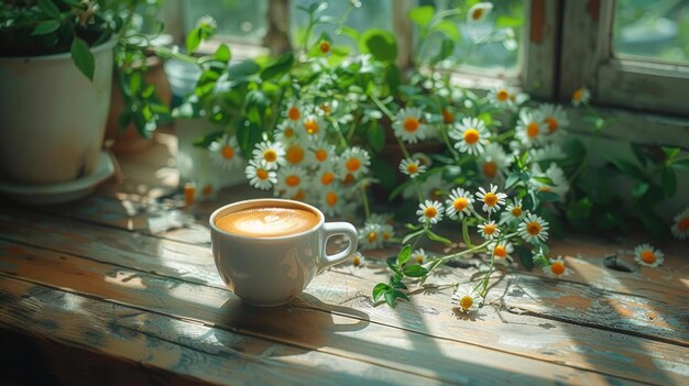 Serene coffee moment a white cup amidst greenery a touch of nature on a wooden table a peaceful break captured AI Generative