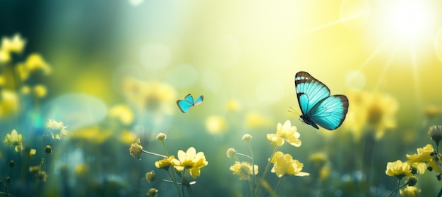 Serene and colorful summer meadow with flowers butterflies and copy space on left side