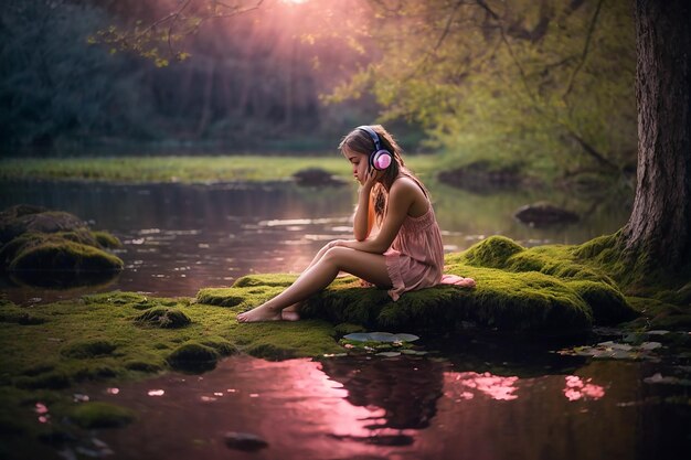 Serene composition of despondent maiden by tranquil waters illuminatedheadphone glow of moonlight