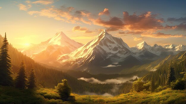 A serene coniferous forest stretching across rolling green hills beneath towering mountains the summer landscape radiates tranquility and natural beauty