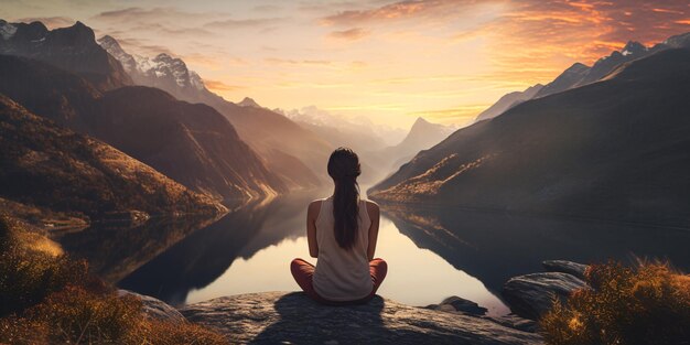 Serene and Contemplative Woman Enjoying the Majestic View of a Lake and Mountains Generative AI