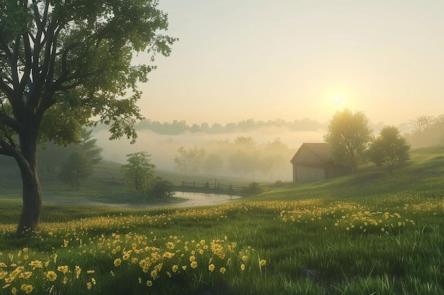 Photo a serene countryside landscape at dawn