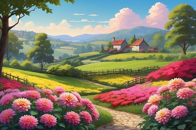 Serene Countryside Landscape with Dahlia Bushes Digital Painting