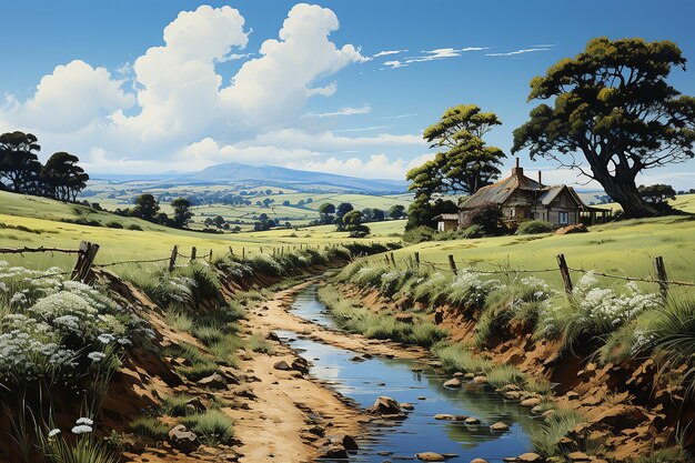 Serene Countryside Landscape with Pastoral Trees