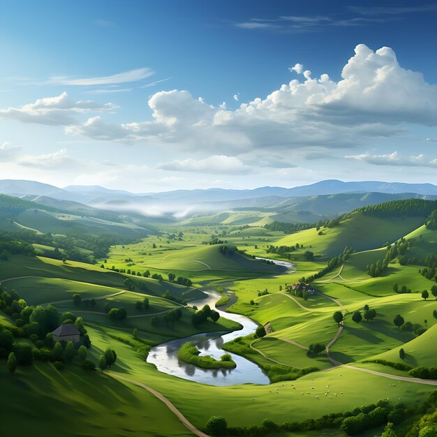Premium AI Image Serene countryside landscape with rolling green
