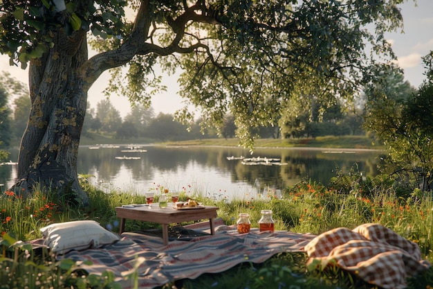 Serene countryside picnics beside tranquil ponds o