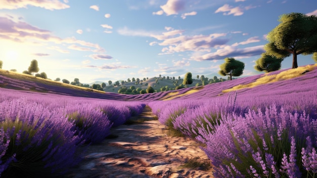 Foto una serena strada di campagna fiancheggiata da campi di lavanda fotorealistica hd 4k