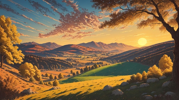 serene countryside rolling hills a lone oak tree in the middle warm sunset light distant mountai