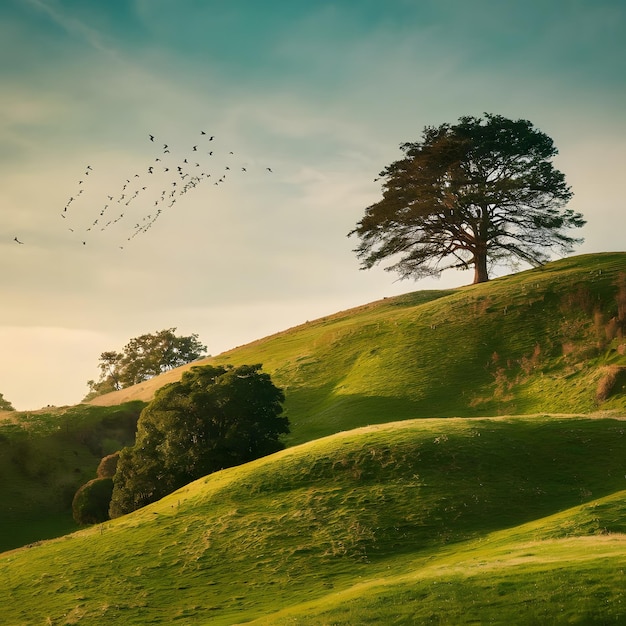 Serene countryside scene Lush green hills with fluffy white clouds