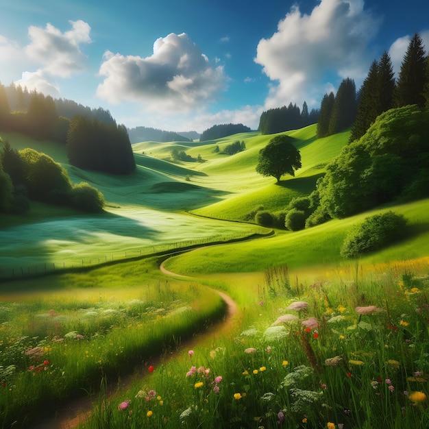 やかな田舎の景色 茂った緑の丘と ふわふわした白い雲
