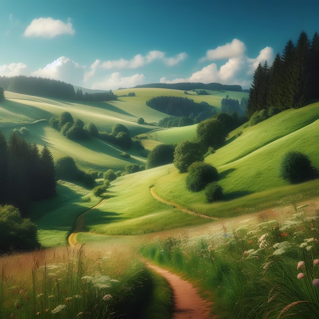 Serene countryside scene Lush green hills with fluffy white clouds