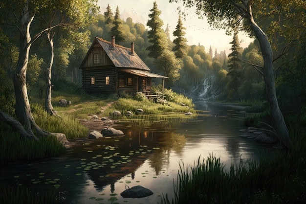 Serene countryside scene Peaceful stream winding through a verdant forest and a charming wooden